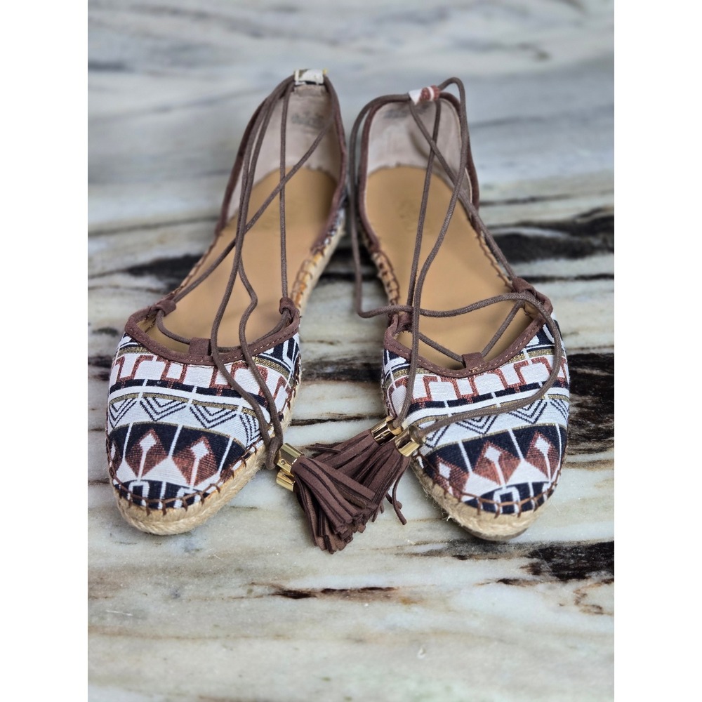 Franco Sarto Dream Lace Up Espadrille Flats Tassel Geometric Tribal Print 11M